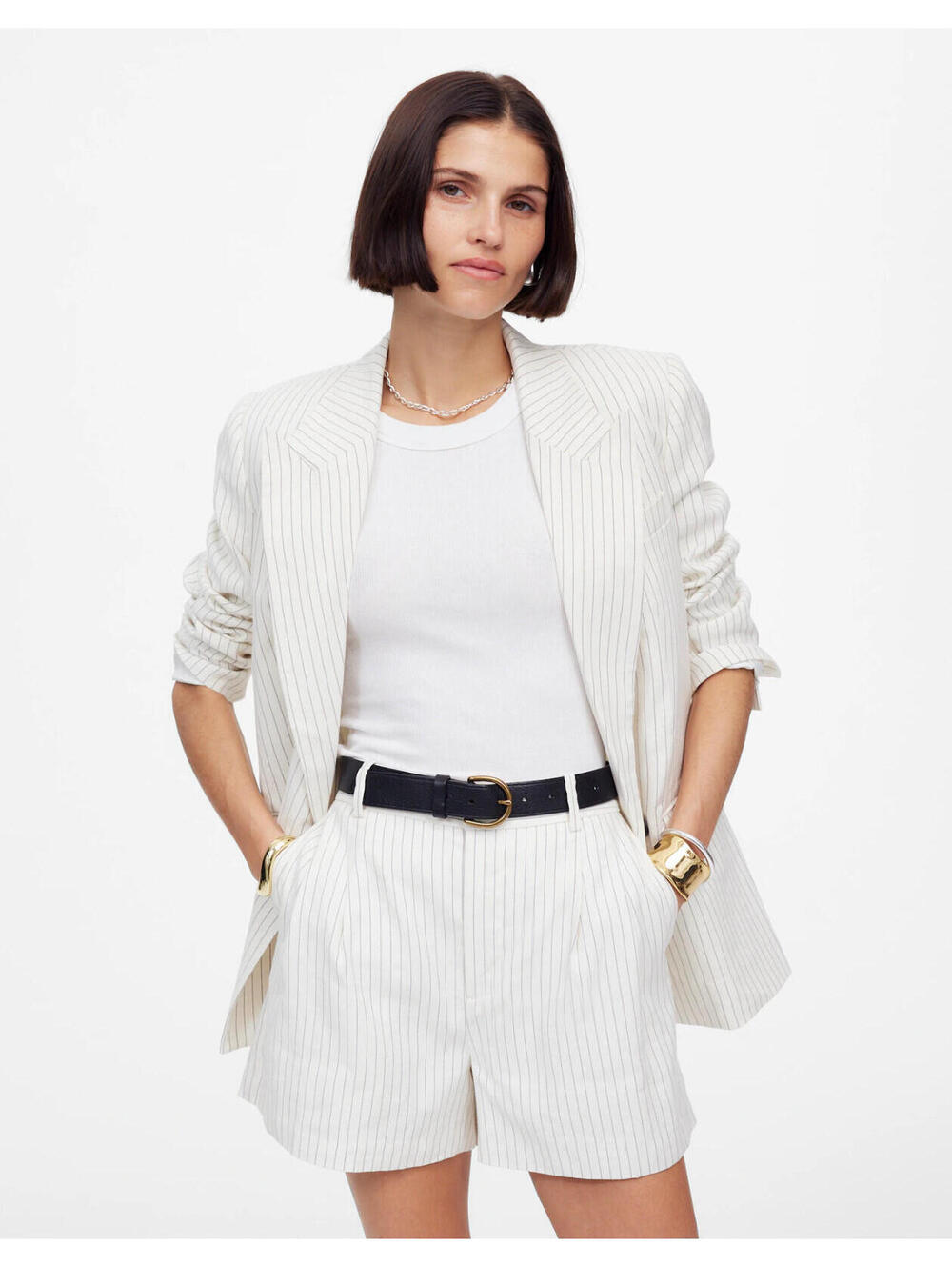 NEW Madewell Easy Pleated Trouser Shorts in Ivory/Black Pinstripe Linen Size 8